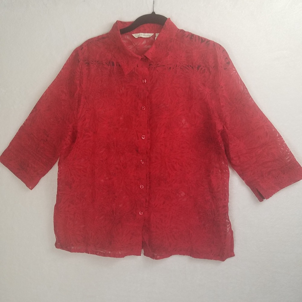 French Laundry Button Down Women M Red Excellent Floral Burnout 3/4 Sleeve Top